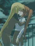  anime_coloring blonde_hair closed_eyes couple fate_testarossa kiss long_hair low-tied_long_hair lyrical_nanoha mahou_shoujo_lyrical_nanoha_strikers military military_uniform multiple_girls pantyhose planet red_hair saki_chisuzu side_ponytail takamachi_nanoha teardrop tsab_ground_military_uniform uniform very_long_hair yuri 