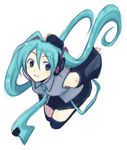  aqua_hair aqua_neckwear hatsune_miku long_hair necktie shima_tokio sing&amp;smile_(vocaloid) solo thighhighs twintails very_long_hair vocaloid 