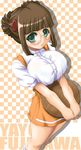  anna_miller breasts brown_hair character_name checkered checkered_background fujisawa_yayoi_(uchuu_no_stellvia) large_breasts orange_skirt skirt solo tonpuu uchuu_no_stellvia waitress 