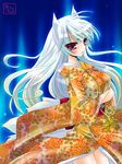  animal_ears bangs breasts chikkuru crossed_arms fox_ears fox_tail japanese_clothes kimono long_hair medium_breasts multiple_tails original red_eyes slit_pupils solo tail white_hair 