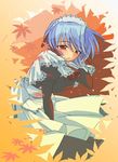  adjusting_hair blue_hair blush dress kotonomiya_yuki leaf maid maid_headdress myouga red_eyes short_hair smile solo suigetsu 