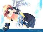  2girls blue_eyes closed_eyes hair_ornament highres lyrical_nanoha magical_girl mahou_shoujo_lyrical_nanoha_strikers minigirl multiple_girls rei_(rei's_room) reinforce_zwei waist_cape wings x_hair_ornament yagami_hayate 