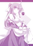  ahoge bare_shoulders blush breasts choker cleavage dress heart ibuki_pon large_breasts long_hair lyrical_nanoha mahou_shoujo_lyrical_nanoha_strikers monochrome ponytail purple quint_nakajima smile solo 