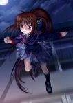  bow brown_hair clenched_hand cloud kneehighs little_busters! long_hair moon motion_blur mutsuki_(moonknives) natsume_rin night pink_bow plaid plaid_skirt ponytail red_eyes running school_uniform skirt sky socks solo star_(sky) starry_sky very_long_hair 