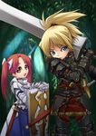  aize armor blonde_hair blue_eyes fantasy multiple_girls original ponytail red_hair shield sword twintails weapon yellow_eyes 