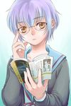  adjusting_eyewear blue_sailor_collar book cardigan glasses kita_high_school_uniform nagato_yuki purple_hair reading sabusuka sailor_collar school_uniform serafuku short_hair solo suzumiya_haruhi_no_yuuutsu yellow_eyes 