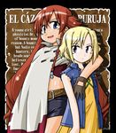  :d blonde_hair blue_eyes cowboy_shot el_cazador_de_la_bruja ellis_(el_cazador_de_la_bruja) furafura long_hair looking_at_viewer multiple_girls nadie open_mouth red_hair short_hair smile standing text_focus twintails very_long_hair 