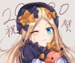  1girl ;3 abigail_williams_(fate/grand_order) absurdres bangs black_bow black_hat blonde_hair blue_eyes blush bow dress eyebrows_visible_through_hair fate/grand_order fate_(series) hair_bow hat highres kaer_sasi_dianxia long_hair long_sleeves looking_at_viewer object_hug one_eye_closed orange_bow parted_bangs polka_dot polka_dot_bow sketch sleeves_past_fingers sleeves_past_wrists smile solo stuffed_animal stuffed_toy teddy_bear upper_body 