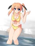  bikini blue_eyes blush bow breasts cleavage cross frilled_bikini frills hair_ribbon johnny_(from_scratch) latin_cross lyrical_nanoha mahou_shoujo_lyrical_nanoha_strikers medium_breasts orange_hair pool poolside ribbon sitting smile soaking_feet solo swimsuit teana_lanster twintails water wet 