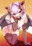  &lt;3 &lt;3_eyes 2019 armwear blush breasts clothing demon elbow_gloves fangs female gloves hair harigane_shinshi horn humanoid kneeling legwear mostly_nude nipples not_furry open_mouth purple_hair pussy small_breasts solo thigh_highs wings 