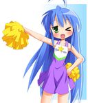 &gt;_o ahoge armpits bare_shoulders cheerleader collarbone green_eyes hand_on_hip izumi_konata long_hair looking_at_viewer lucky_star mole mole_under_eye one_eye_closed open_mouth pom_poms pu-en solo standing standing_on_one_leg star very_long_hair 