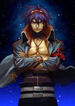  blue_hair core_drill crossed_arms denchi drill goggles goggles_on_head jacket male_focus manly muscle older open_clothes open_shirt realistic shirt simon solo space tengen_toppa_gurren_lagann trench_coat 