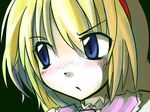  alice_margatroid black_background blonde_hair blue_eyes blush close-up closed_mouth eyebrows_visible_through_hair face hairband neki-t serious simple_background solo touhou upper_body 