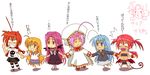  6+girls ^_^ agito_(nanoha) ahoge anger_vein angry arf arm_garter bat_wings belt beret blonde_hair blue_eyes blue_hair caro_ru_lushe casual chibi chibi_inset clenched_hand closed_eyes collar cosplay demon_tail disgaea dress etna etna_(cosplay) fang final_fantasy flat_chest green_eyes hair_ornament hairclip hat heterochromia holding_hands huge_ahoge lineup long_hair looking_at_another looking_up lutecia_alpine lyrical_nanoha mahou_shoujo_lyrical_nanoha_strikers midriff multiple_girls navel nekokun partially_translated pink_hair purple_eyes quad_tails red_eyes red_hair reinforce_zwei rider robe sailor_collar shadow shirt short_hair simple_background skirt skull strapless strapless_dress striped striped_legwear t-shirt tail thighhighs translation_request tubetop very_long_hair vita vivio white_mage white_mage_(cosplay) wings 