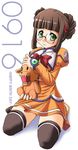  blush brown_hair double_bun fujisawa_yayoi_(uchuu_no_stellvia) glasses green_eyes green_panties hair_ornament kneeling orange_shirt panties school_uniform shirt smile solo stuffed_animal stuffed_dog stuffed_toy teeth thighhighs tonpuu uchuu_no_stellvia underwear zettai_ryouiki 