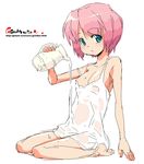  armpits bare_shoulders breasts cleavage collarbone dripping full_body green_eyes jug looking_at_viewer medium_breasts oekaki onija_tarou original pink_hair see-through short_hair simple_background solo toes water white_background 