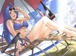  adjusting_eyewear alcohol beach beach_umbrella bikini blue_hair blush breasts chair cloud day dutch_angle huge_breasts idolmaster idolmaster_(classic) idolmaster_1 jon_shicchiou legs light_rays long_hair lounge_chair miura_azusa outdoors purple_eyes side-tie_bikini sitting solo sunbeam sunglasses sunlight swimsuit umbrella underboob wine 