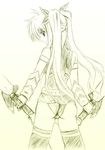  ass bardiche cameltoe dual_wielding fate_testarossa from_behind gauntlets holding jaeger long_hair lyrical_nanoha mahou_shoujo_lyrical_nanoha_strikers monochrome profile skindentation solo thighhighs twintails yellow 