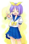  blue_skirt bow closed_eyes hair_bow hiiragi_tsukasa keroro_gunsou keychain lucky_star midriff oyu pleated_skirt purple_hair ryouou_school_uniform school_uniform serafuku short_hair skirt smile solo yellow_bow yellow_neckwear 