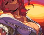  bored breasts cleavage evening large_breasts looking_away off_shoulder onozuka_komachi red_eyes red_hair solo sun-3 sunset touhou upper_body 