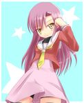  bike_shorts blush from_below hair_ornament hairclip hayate_no_gotoku! katsura_hinagiku kuro_(be_ok) long_hair looking_down pink_hair school_uniform smile solo thighhighs yellow_eyes 