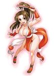  armpits arms_up breasts brown_eyes brown_hair cleavage closed_fan fan fatal_fury folding_fan full_body hida_tatsuo high_ponytail holding large_breasts leaning_forward legs loincloth long_hair looking_at_viewer pelvic_curtain ponytail red revealing_clothes rope shiranui_mai smile snk solo the_king_of_fighters 