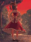  bow brown_hair detached_sleeves dress hair_bow hakurei_reimu iwamoto_zerogo outdoors ribbon short_hair sky solo standing touhou tree 