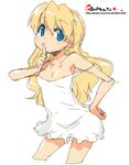  contrapposto cowboy_shot cropped_legs dress finger_to_mouth flat_chest index_finger_raised long_hair looking_at_viewer oekaki onija_tarou original shushing simple_background sleeveless sleeveless_dress solo standing strap_slip sundress text_focus wavy_hair white_background white_dress 