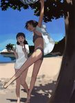 barefoot beach bikini copyright_request day flat_chest highres multiple_girls outdoors swimsuit takamichi 