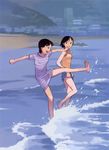  barefoot beach feet flat_chest highres kicking multiple_girls ocean takamichi water 