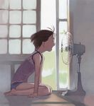  backlighting barefoot brown_eyes brown_hair day electric_fan fan_speaking fanning_face from_side full_body highres hot indoors kneeling muted_color open_mouth original profile scan shade shirt short_hair short_shorts shorts sleeveless sleeveless_shirt solo summer takamichi 