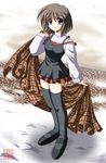  blanket brown_hair dress f20_(funimaru) kanon misaka_shiori plaid purple_eyes short_hair snow solo strap_slip sweater thighhighs zettai_ryouiki 