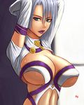  arms_up artist_name blue_eyes breasts cleavage covered_nipples huge_breasts isabella_valentine parted_lips purple_lips short_hair solo soulcalibur tenji upper_body 