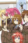  ^_^ blonde_hair brown_hair closed_eyes fate_testarossa grin hair_intakes hair_ornament hairclip height_difference kurosho lineup long_hair looking_at_viewer lyrical_nanoha mahou_shoujo_lyrical_nanoha_strikers military military_uniform minigirl multiple_girls necktie oekaki pink_hair ponytail red_hair reinforce_zwei short_hair sidelocks signum smile takamachi_nanoha talking tsab_ground_military_uniform uniform very_long_hair vita x_hair_ornament yagami_hayate 