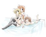  3girls arm_around_neck artist_request bed blonde_hair bra fate_testarossa lingerie lying lyrical_nanoha mahou_shoujo_lyrical_nanoha_strikers multiple_girls on_stomach one_eye_closed panties pillow sitting sketch smile takamachi_nanoha thighhighs underwear underwear_only yagami_hayate 