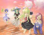  :d ^_^ ^o^ air barefoot bird blonde_hair breasts camisole cleavage closed_eyes collarbone crow evening green_eyes green_hair hat kamio_haruko kamio_misuzu kirishima_kano long_hair looking_at_viewer multiple_girls ocean open_mouth pink_hair satou_takeshi short_hair sky small_breasts smile sora_(air) sun_hat sunset toono_minagi wading walking water 