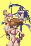  arisugawa_mayuko blue_hair hanao_usagi iyashite_agerun_saiyuki leather moriyama_izumi multiple_girls pink_hair scythe sun_wukong thigh_strap uchida_yorihisa yellow_background 