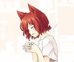  animal_ears cat_ears closed_eyes copyright_request cup parted_lips red_hair sakuraba_yuuki short_hair solo 