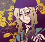  bandana blonde_hair blue_eyes facepaint floral_background hair_tie japanese_clothes kimono kusuriuri_(mononoke) lowres makeup male_focus medallion mononoke pointy_ears solo tajima_yoshikazu 