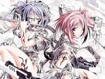  bare_legs bare_shoulders blue_hair blush copyright_request glasses holding holding_sword holding_weapon multiple_girls pink_eyes pink_hair red_hair revealing_clothes short_hair silver_hair simple_background sword tattoo thighs twintails unsheathed vidal weapon white_background 