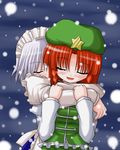  bococho grey_hair hairband hat hong_meiling izayoi_sakuya multiple_girls red_hair scarf shared_scarf snowing touhou 