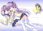  clannad fujibayashi_kyou fujibayashi_ryou hair_ribbon hikarizaka_private_high_school_uniform ibuki_fuuko long_hair low-tied_long_hair multiple_girls purple_eyes purple_hair ribbon school_uniform short_hair siblings sisters thighhighs twins yuugiri zettai_ryouiki 