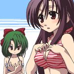  awa bikini blush bow breast_envy breast_hold breast_suppress breasts cleavage covering crossed_arms flat_chest green_hair hair_bow katsura_kotonoha kiyoura_setsuna long_hair lowres multiple_girls oekaki open_mouth purple_hair red_bow red_eyes school_days short_hair small_breasts striped striped_bikini striped_swimsuit swimsuit 