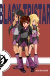  belt black_tri-stars blonde_hair blue_eyes boots brown_eyes brown_hair buttons dom full_body gundam hand_on_own_chin knee_boots long_hair long_sleeves mecha_musume mobile_suit_gundam multiple_girls profile purple_footwear red_background short_hair shorts sidelocks simple_background standing text_focus yuasa 