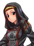  black_mage blush brown_eyes cloak final_fantasy final_fantasy_xi hood hooded_cloak hume long_sleeves looking_at_viewer simple_background solo tori_(torinchi) upper_body white_background 