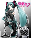  aqua_neckwear boots green_hair hatsune_miku long_hair microphone microphone_stand nananana_nanana necktie solo thigh_boots thighhighs twintails very_long_hair vocaloid zettai_ryouiki 