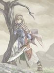  ankle_boots arm_at_side bangs bare_tree belt blonde_hair boots breasts brown_gloves cloak gloves grass holding holding_sword holding_weapon hood hood_up hooded_cloak left-handed long_sleeves looking_back looking_to_the_side original outdoors pants parted_lips sky small_breasts solo standing sword tree under_tree ushiki_yoshitaka weapon white_hair yellow_eyes 