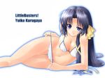  bikini bikini_pull black_hair blue_eyes breasts character_name cleavage copyright_name hair_ribbon hara_takehito highres kurugaya_yuiko little_busters! long_hair making_of medium_breasts ribbon smile solo swimsuit undressing uneven_eyes 