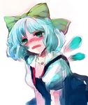  blue_dress blue_hair blush bow cirno dress drooling green_eyes hair_bow ice ice_wings nokishita open_collar puffy_short_sleeves puffy_sleeves short_sleeves simple_background solo sweat touhou untied upper_body wings 