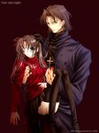  1girl black_legwear blood blood_on_face fate/stay_night fate_(series) kotomine_kirei thighhighs toosaka_rin turtleneck two_side_up vanilla_(nicolla) 